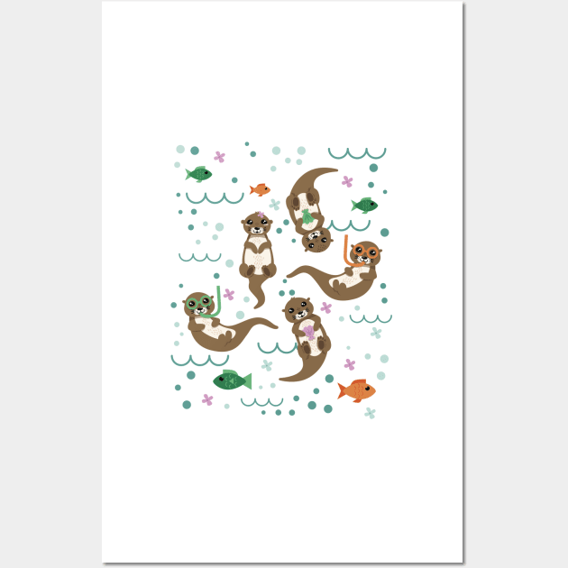 Kawaii Otters Playfully Swimming Wall Art by latheandquill